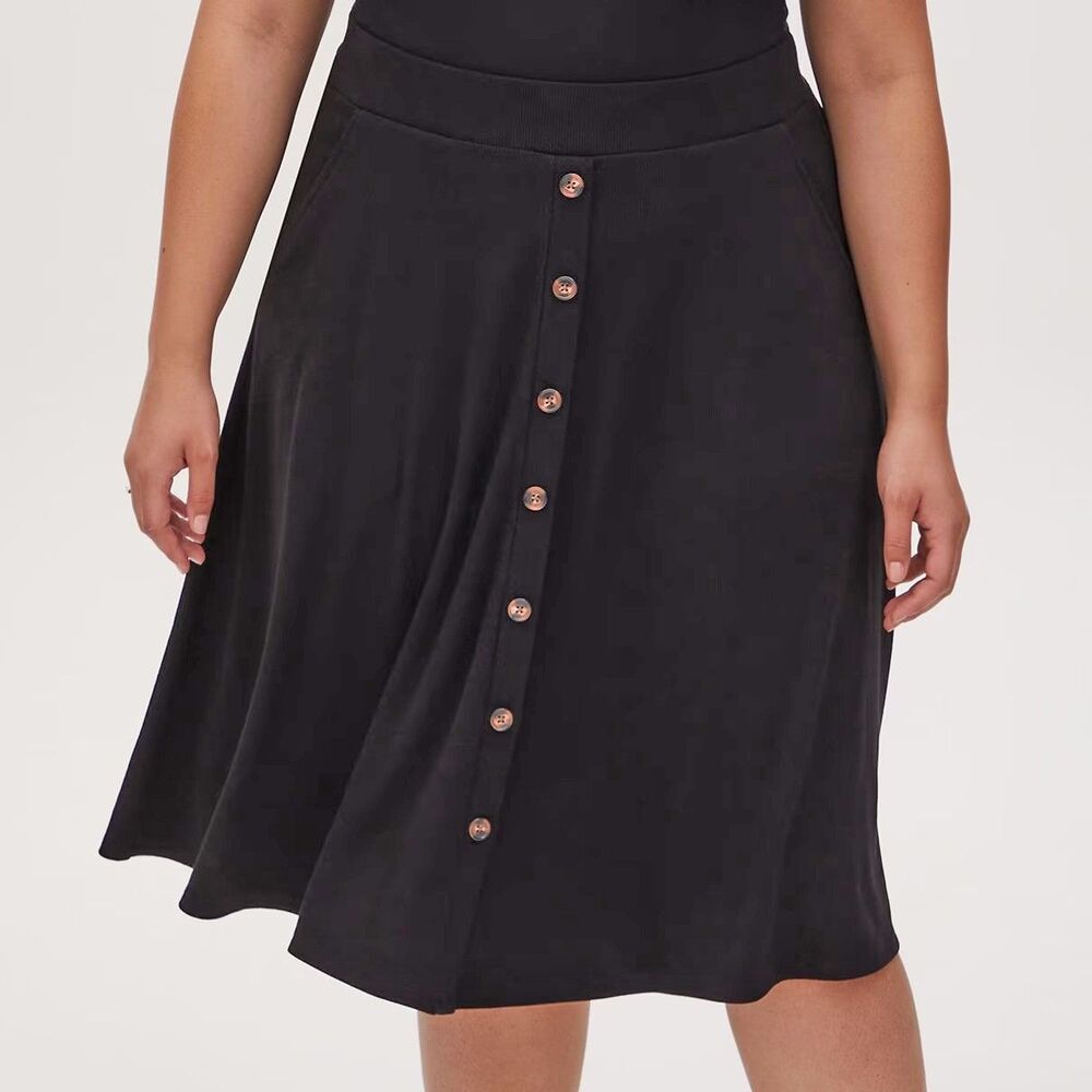 Torrid Midi Rib Button-Front Skirt Size 0 (L/12) Black Pockets Pull-on Stretch